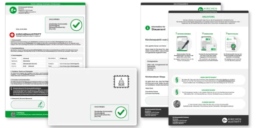 Kirchenaustritt-Produktpalette, Austrittsbrief, Kuvert, Informationsblatt, Information für Steuererklärung Steueramt