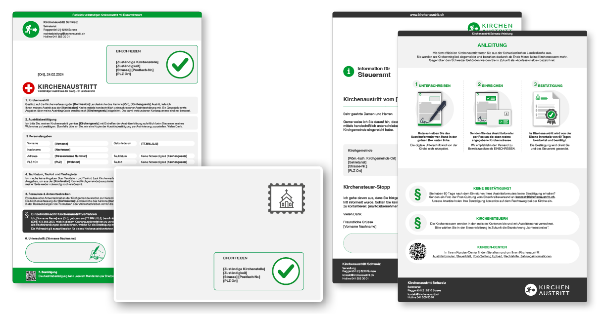 Kirchenaustritt-Produktpalette, Austrittsbrief, Kuvert, Informationsblatt, Information für Steuererklärung Steueramt